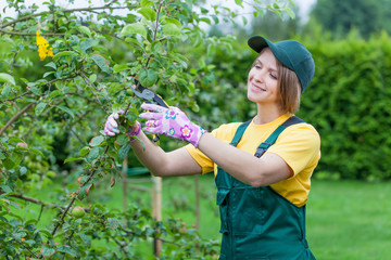 professional gardener at work. smiling young woman pruning apple tree in the yard. garden worker trimming plants. gardening service, horticulture and business concept