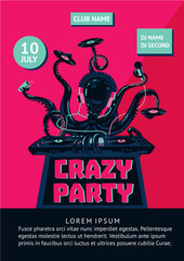 Music party poster with octopus dj and mixing console.