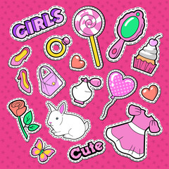 Cute Girl Fashion Stickers, Patches and Badges. Girlish Doodle with Hearts, Sweets and Cosmetics. Vector illustration