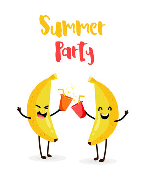 Funny cartoon bananas drink juice. Summer Party. Flat style. Vector.