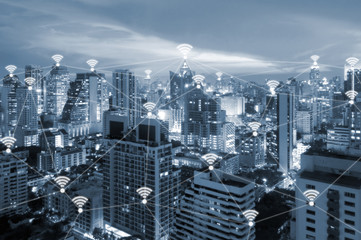 Internet wifi connected all place in smart city of business for work life integration and internet of things , technology and communication concept