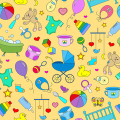 Seamless pattern on the theme of childhood and newborn babies, baby accessories, accessories and toys, simple color icons on yellow background