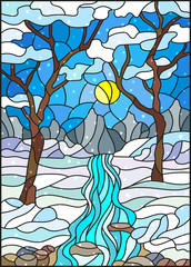Naklejki  Illustration in stained glass style with a frozen Creek in the background of the  sky, snowy mountains,  trees and fields