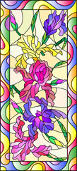 Illustration in stained glass style with flowers, buds and leaves of iris,vertical orientation 