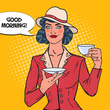 Beautiful Woman Drinking Morning Tea in Cafe. Coffee Break. Pop Art Vector illustration