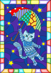 Illustration in stained glass style with funny flying cat on the umbrella against the starry night sky