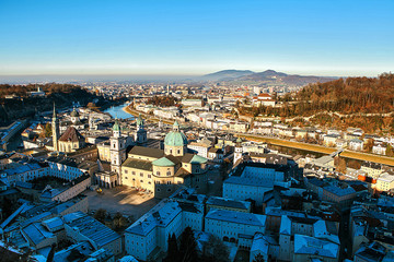 View from a high point to the historic city of Salzburg. A city in western Austria, the capital of...