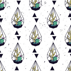 Vector colorful hand drawn seamless pattern with triangles, cactuses and succulents in terrariums on grunge texture. Modern scandinavian design
