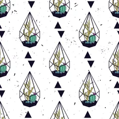 Tapeten Vektor bunte handgezeichnete nahtlose Muster mit Dreiecken, Kakteen und Sukkulenten in Terrarien auf Grunge-Textur. Modernes skandinavisches Design © eireenz