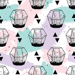 Wallpaper murals Terrarium plants Vector hand drawn seamless pattern with geometric and brush painted elements, triangles, cactuses and succulents in terrariums. Modern scandinavian design. Pastel colors.