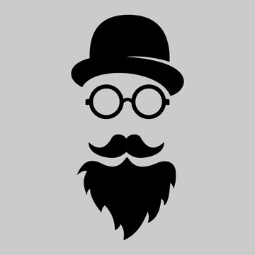 Vintage silhouette of bowler, mustaches, glasses. Vector illustration of gentleman or hipster. Retro gentleman icon. Logo template of gentleman Club.