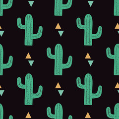 Naklejka premium Vector seamless pattern with cactuses and triangles. Modern design for fashion, print, poster, card, textile. Scandinavian style.