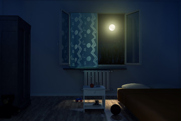 Schlafzimmer Kinder bei Nacht mit leuchtendem Mondschein - obrazy, fototapety, plakaty