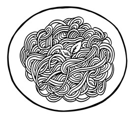 Hand drawn doodle spaghetti at plate 