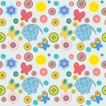 Cute seamless pattern with elephants and butterflies