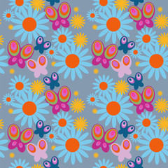 Cute seamless pattern with flowers and butterflies