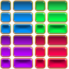 Set of Glass Buttons, Square and Rectangle, in Various States, Normal, Illuminated, Clicked. Computer Icons Elements for Web Design, Isolated on White. Eps10, Contains Transparencies. Vector