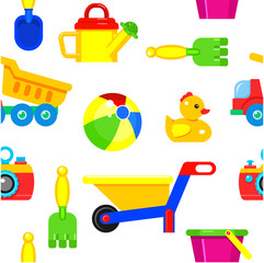 Seamless pattern children's toys. Toys for games on the beach in the sand.