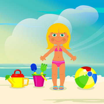 Girl on the beach playing with their toys. Vector illustration.