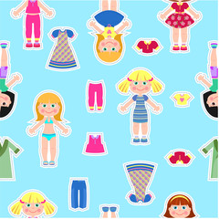 Seamless pattern girls dolls and clothing. Vector illustration. Paper dolls.