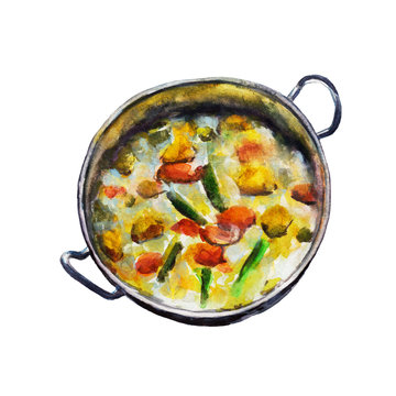 The national Indian dish vegetable korma isolated on white background, watercolor illustration in hand-drawn style.