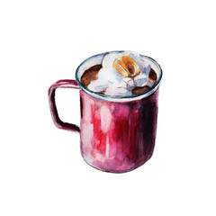 The iron enameled red mug of coffee with white marshmallows. Isolated object on white background, watercolor illustration in hand-drawn style.