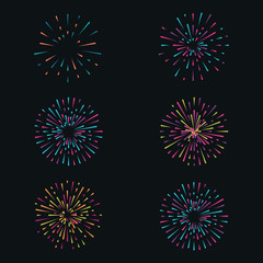 Vector set with colorful fireworks on dark background