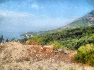 watercolor painting of Mediterranean coastal  mountains from the road