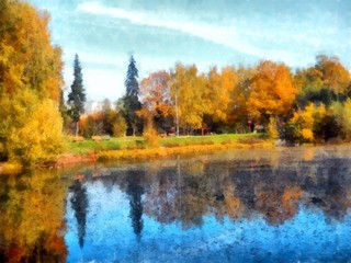 Bright yellow autumn park . with reflected trees in pond. Watercolor