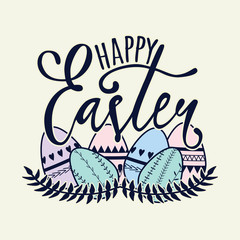 Vector Happy Easter illustration with decorative eggs. Greeting card with floral elements and lettering.
