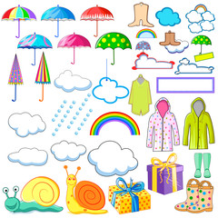 Collection of monsoon and rainy day object including raincoat, umbrella, boots and cloud
