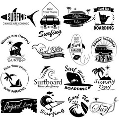 Retro Surfing and sea beach vacation elements and icon set
