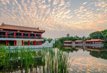 Beautiful dawn hour at Singapore Chinese Garden, a pubic park in Jurong East, Singapore. Designed by  an architect from Taiwan, with concept based on Chinese gardening art.