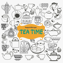 Hand drawn set of tea objects on white background.