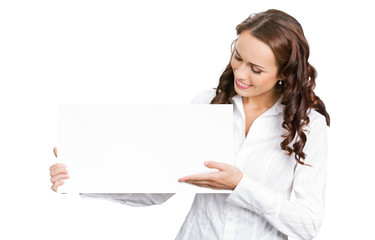 Businesswoman showing blank signboard, on white