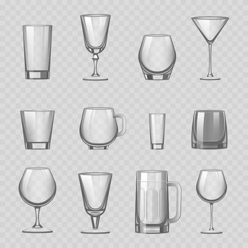 Transparent empty glasses and stemware drinks tumbler mug cups reservoir vessel realistic vector illustration