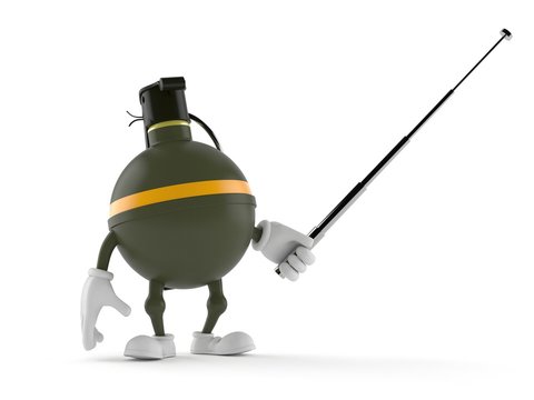 Hand grenade character holding pointer stick