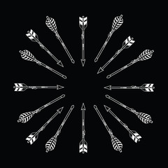 Naklejka premium Vector black and white ethnic illustration with frame made of feathers and arrows in boho style. Tribal design.