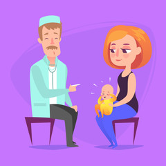 At the reception at the pediatrician. The doctor listens to breathing statoscope kid who sits in on her mother s lap and crying.