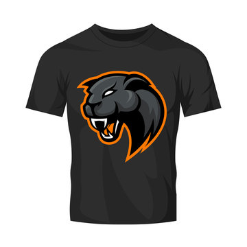 Furious panther sport vector logo concept isolated on black t-shirt mockup. Modern professional mascot team badge design.
Premium quality wild animal t-shirt tee print illustration.