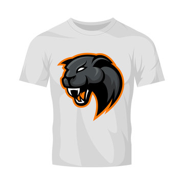 Furious panther sport vector logo concept isolated on white t-shirt mockup. 
Premium quality wild animal t-shirt tee print illustration.