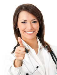 Doctor with thumbs up gesture, over white