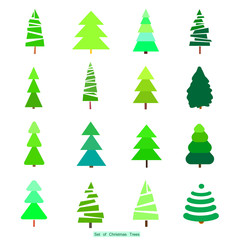 Geometric trees. Geometric art. Green christmas trees. Winter holiday symbols, set isolated
