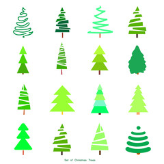 Geometric art. Green christmas trees. Winter holiday symbols, set isolated