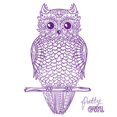 Owl. Design Zentangle. Hand drawn owl with abstract patterns on isolation background. Design for spiritual relaxation for adults. Illustration for coloring. Zen art