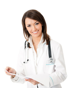 Smiling female doctor with documents, over white