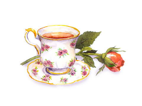 Tea cup with tea, rose flower. Watercolor