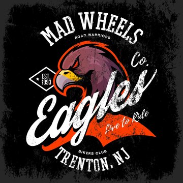 Vintage American furious eagle bikers club tee print vector design. 
Trenton, New Jersey street wear t-shirt emblem. Premium quality wild bird mascot superior logo concept illustration.