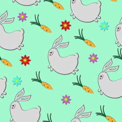 Seamless pattern with a cartoon - funny rabbit and carrots