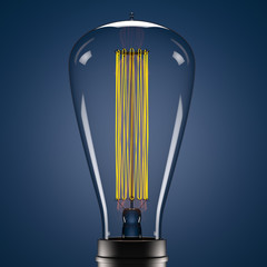 3d Edison yellow glowing lamp on blue backdrop. Three-dimensional model of saving energy illuminated retro lightbulb